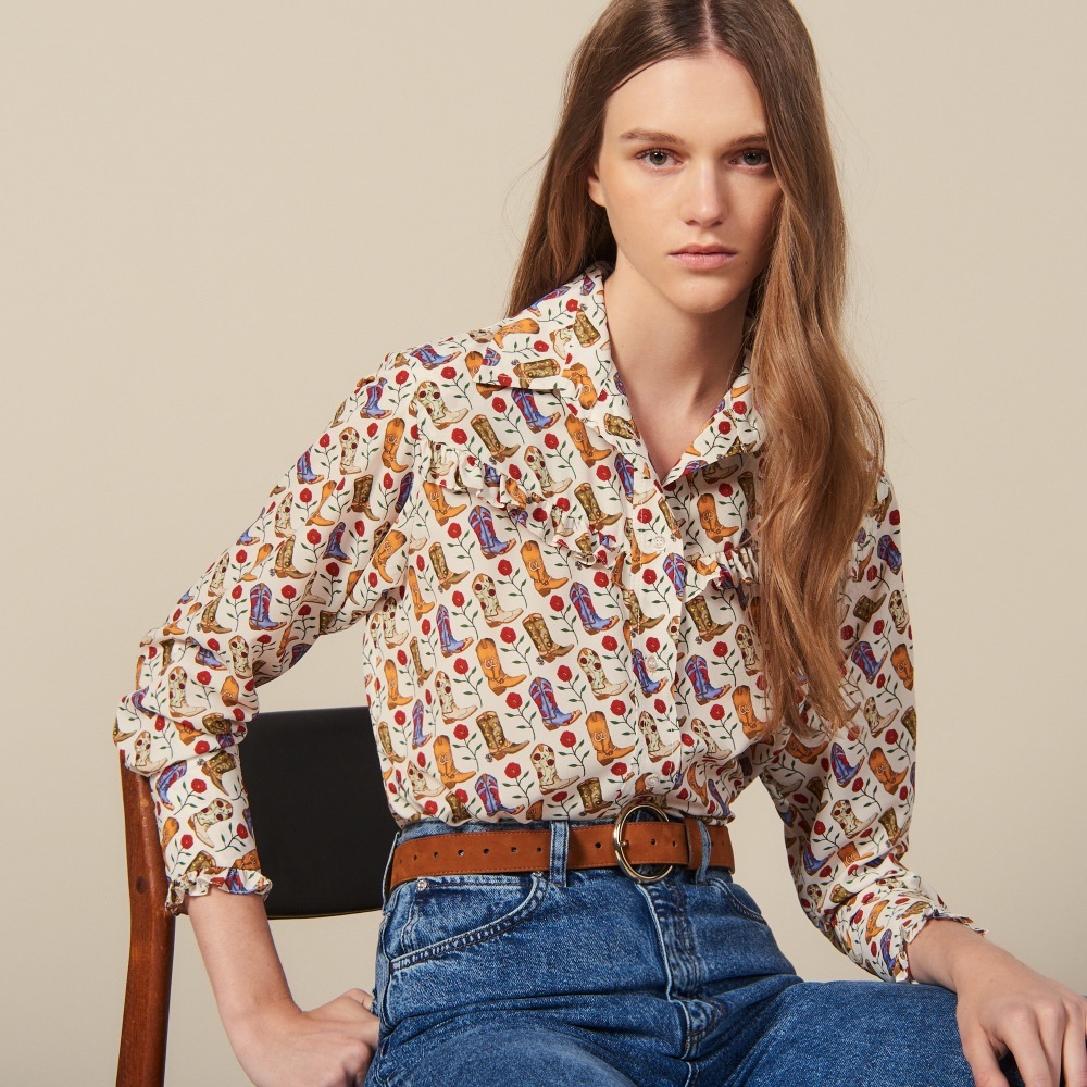 SANDRO Cream Cowboy Boot Printed French Western Ruffle Button Down Shirt Blouse - Picture 12 of 12